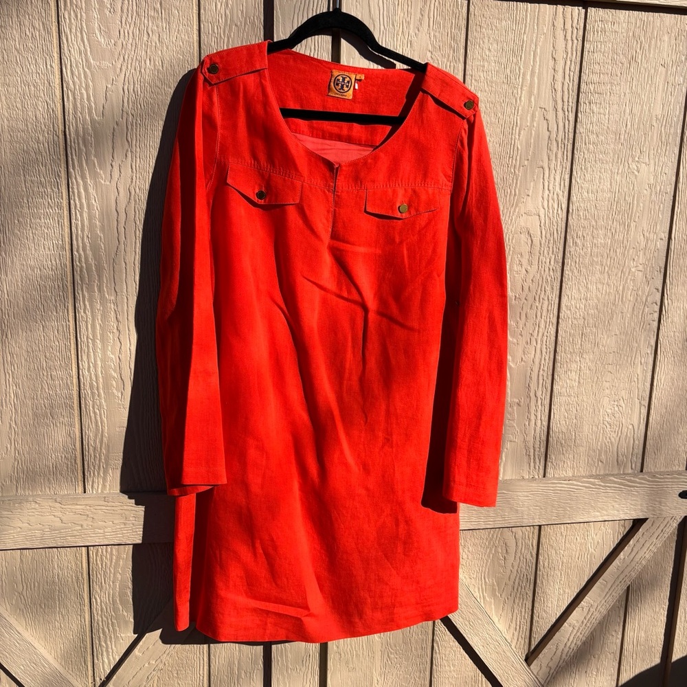 Tory Burch Orange Linen Keyhole Neck Shift Dress Size 14